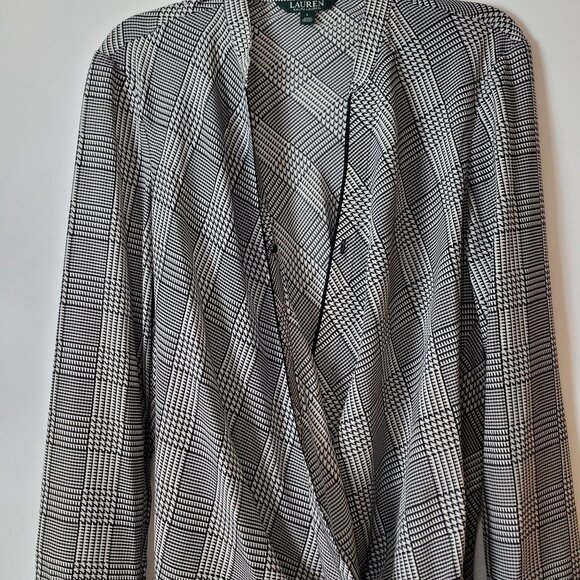 Lauren Ralph Lauren Womens Black & White Houndstooth Wrap Blouse Long Sleeve Siz - Picture 7 of 12